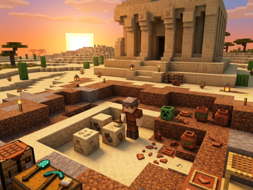 Minecraft desert outpost with trader, temple, lanterns, and market stalls at sunset