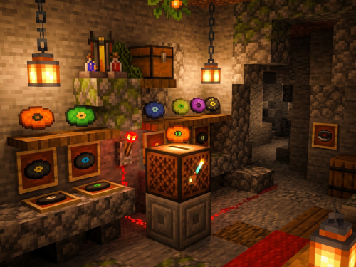 Minecraft underground workshop with records, lanterns, instruments, and storage