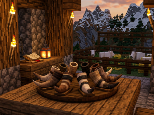 Minecraft lodge interior with carved horns, torches, sheep, and snowy mountains