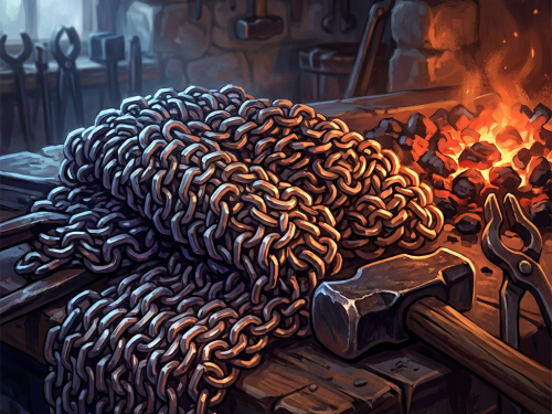 Coil of chainmail beside a glowing forge and blacksmith’s hammer