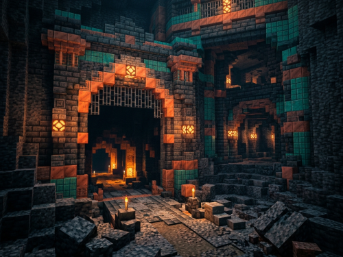 Block-built underground fortress with glowing entrances, turquoise accents, and rocky terrain