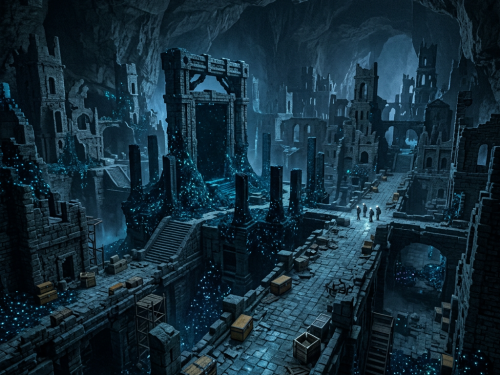 Three adventurers explore a blue-lit ruined city beneath a cavern